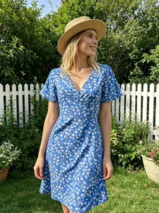 Wunderschönes blaues Wickelkleid mit Blumenmuster und V-Ausschnitt für Damen im Freien