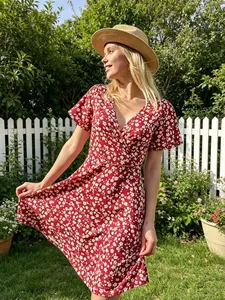 Elegantes rotes floral V-Ausschnitt Wickelkleid mit weißen Blumenmustern für Sommer