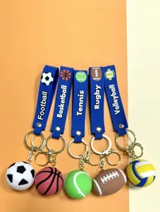 Set of sports ball keychains including football, basketball and tennis for fans.