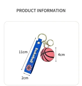 Detailed view of pink basketball keychain with dimensions: 11cm strap and 4cm ball
