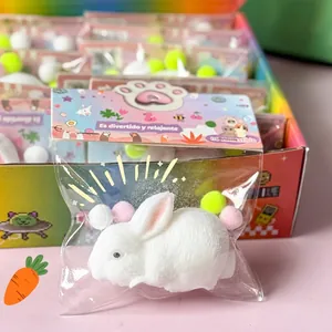 Vue détaillée d'un jouet anti-stress squishy lapin blanc dans un emballage coloré