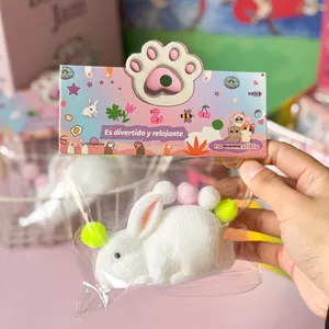 Détail d'un jouet anti-stress lapin blanc dans son emballage de vente au détail