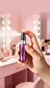Close-up of a hand holding a purple matte 5ml perfume atomizer spraying a fine mist spray