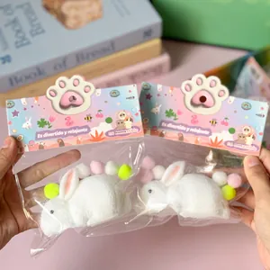 Vue détaillée d'un jouet lapin squishy relaxant dans un emballage de patte mignon