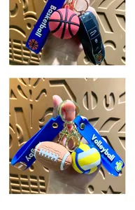 Durable silicone sports keychains featuring basketball, volleyball and rugby charms.