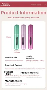 Detail view showing dimensions and specifications of 5ml matte perfume atomizer bottles