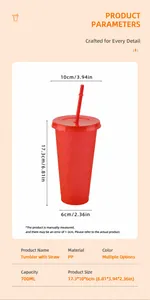 Bicchiere rosso da 700 ml con cannuccia e dimensioni dettagliate di altezza e della base
