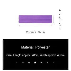Close-up of a purple elastic sports headband showing 20cm length and 4.5cm width