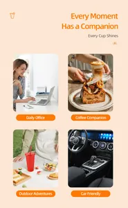 Collage di vita che mostra tazza con cannuccia da 710ml in ufficio, auto e scene di picnic.