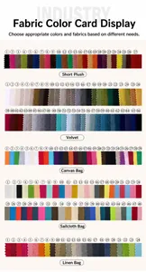 Fabric color swatches for custom drawstring bags showing various materials and colors