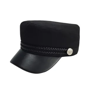 Classic black baker boy hat for women with leather brim and braided cord detail