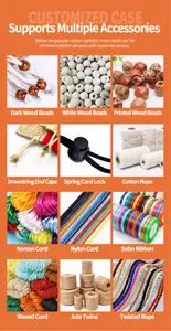 Selection of customizable accessories like wooden beads and colorful cords for velvet pouches.
