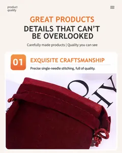 Macro detail of exquisite stitching on a premium burgundy velvet drawstring pouch