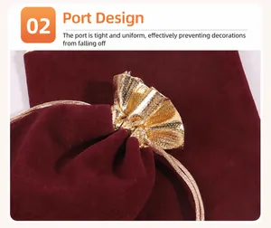 Macro detail of wine red velvet jewelry pouch featuring a gold metallic drawstring closure