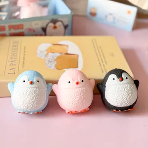 Close-up of three colorful cute slow rising squishy penguin toys for effective stress relief