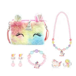 Cute rainbow plush unicorn shoulder bag and matching jewelry set for little girls gift