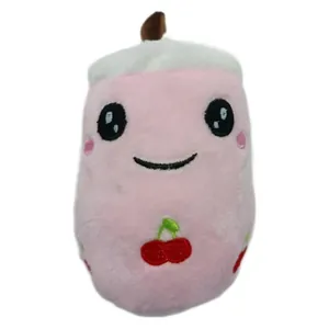 Porte-clés peluche thé aux perles rose mignon avec visage souriant et cerise brodée