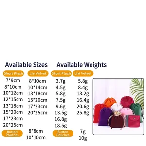 Custom velvet drawstring gift pouches in various sizes and vibrant colors