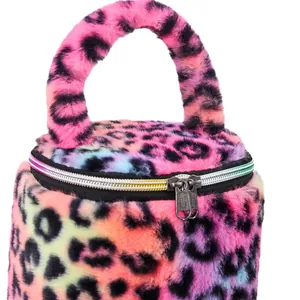 Colorful plush leopard print cylindrical makeup bag with handle and zipper for travel