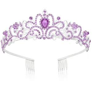 Close-up of elegant silver tiara with purple crystals and central teardrop gem
