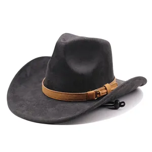 Side view of a vintage dark grey suede cowboy hat with a brown leather belt detail.
