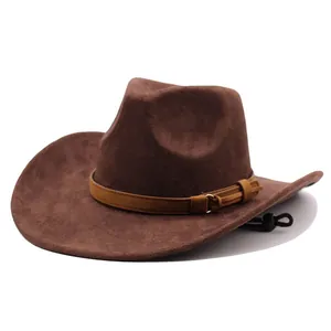 Classic vintage brown suede cowboy hat with stylish belt buckle and adjustable interior strap