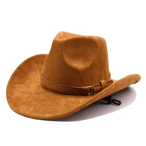 Classic brown suede western cowboy hat with decorative leather belt and adjustable chin strap.