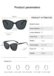 Detailed technical specifications and frame dimensions for retro cat eye sunglasses