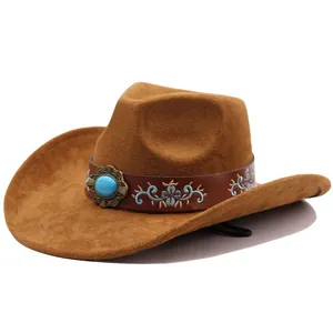Vintage brown suede western cowboy hat with turquoise stone and floral embroidery detail