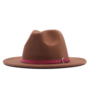 Vintage brown suede jazz fedora hat featuring a stylish pink belt buckle for women