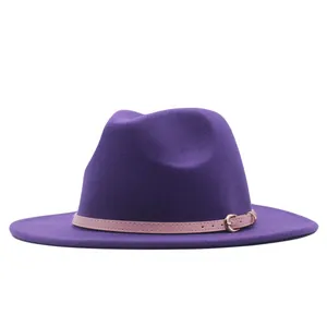 Elegant purple suede fedora hat featuring a pink decorative belt and gold buckle detail