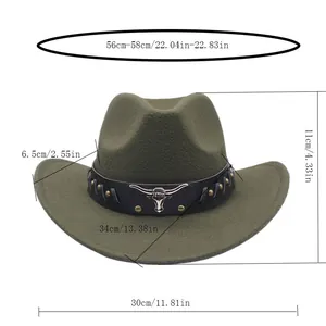 Detailed dimensions for olive green suede western cowboy hat with silver bull head ornament