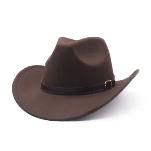 Detailed view of a brown suede cowboy hat featuring a vintage leather belt and buckle