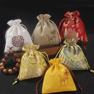 Pochon à Bijoux en Brocart de Style Chinois Doublure en Velours Cordon de Serrage pour Bracelets et Emballage de Bijoux Sac en Tissu Rétro