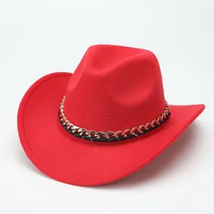 Vibrant red suede Western cowboy hat with elegant gold chain link detailing