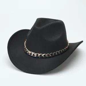 Close-up of black suede cowboy hat featuring a decorative gold and black chain band detail.