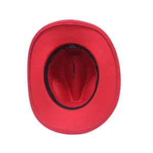 Internal view of vintage red suede jazz hat with adjustable 57cm sweatband and label
