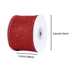 Nastro a rete rosso glitterato con bordo in filo metallico per decorazioni natalizie