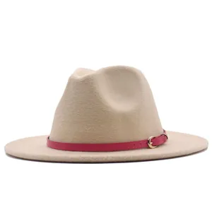Elegant beige suede jazz hat featuring a stylish pink leather belt buckle for women and men