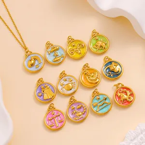 Detailed collection of twelve colorful enamel zodiac sign pendants and matching gold necklace