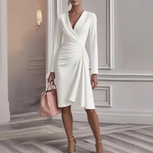 Elegant white V-neck midi dress featuring long sleeves and sophisticated pleated waist detail.