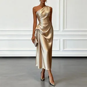 Elegant champagne gold satin one-shoulder pleated evening gown with bodycon fit