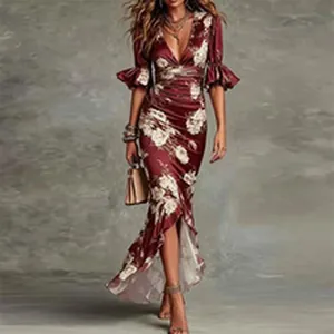 Elegant deep V-neck floral maxi dress with ruffle sleeves and slim fit silhouette