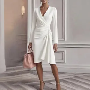 Elegant white long-sleeve V-neck midi dress with a ruched waist for a slim fit.