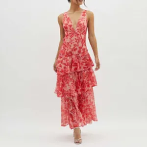Detail of a red floral print tiered maxi dress with V-neckline