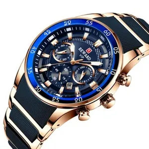 Close-up detail of REWARD VIP men's chronograph watch featuring a blue dial and rose gold case