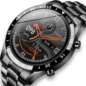 Close-up of black stainless steel smartwatch showing heart rate and step counter