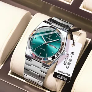 Close-up of an elegant silver alloy quartz watch featuring a striking green sunray square dial