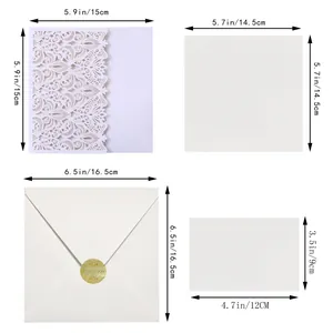 Detailed dimensions of white laser-cut wedding invitation set with envelope and gold seal