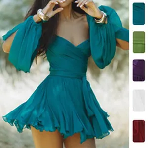 Detailed close-up showing a teal off-shoulder tiered mini dress with balloon sleeves
